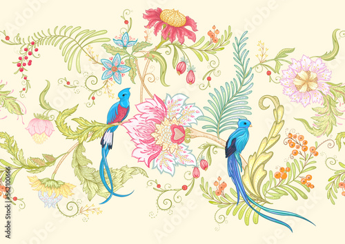 Fantasy flowers with bird of paradise quezal  in retro  vintage  jacobean embroidery style. Seamless border pattern  linear ornament  ribbon Vector illustration.