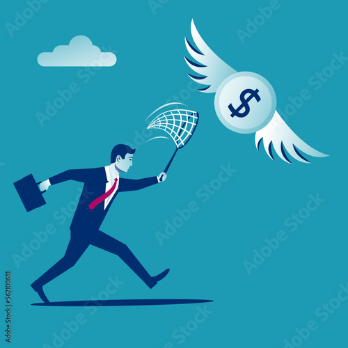 Chasing money concept. Businessman trying to catch flying coin. Business metaphor. Vector illustration flat design. Isolated on background.