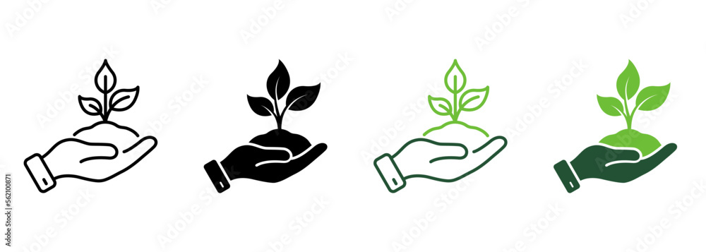 Ecology Organic Seedling Line and Silhouette Icon Set. Growth Eco Tree Environment. Plant in Human Hand Symbol Collection on White Background. Agriculture Concept. Isolated Vector Illustration - obrazy, fototapety, plakaty 