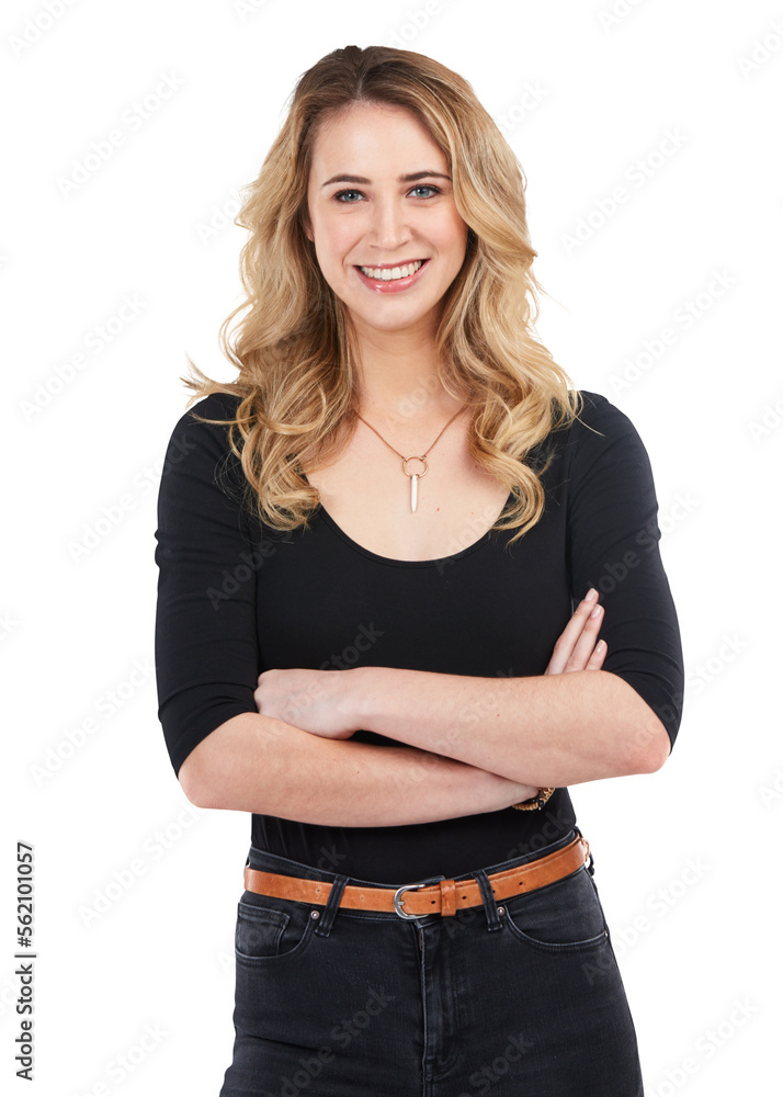 Fototapeta premium A young woman standing with hands crossed isolated on a PNG background.