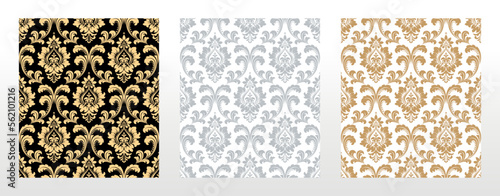 Wallpapers in the style of Baroque. Seamless vector backgrounds. Set of colored floral ornaments. Graphic patterns for fabric, wallpaper, packaging. Ornate Damask flower ornaments