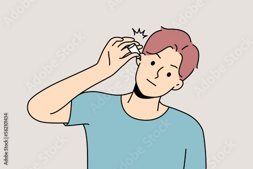 Unhealthy young man use eardrops suffer from infection. Unwell sick guy get medication for inflamed ear. Healthcare and medicine. Vector illustration. 