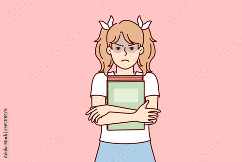 Girl with textbooks is upset because of bad grades at school or lack of friends among classmates. Schoolgirl with pigtails stands clutching books to chest and looking at camera. Flat vector image