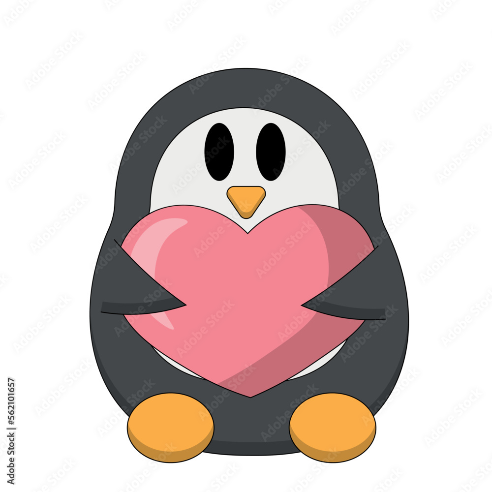 Cute cartoon Penguin and Heart. Draw illustration in color Cute cartoon Penguin and Heart. Draw illustration in color