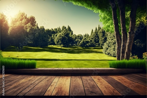 Empty Wooden Terrace With Green Lawn Garden And Nature Generative AI