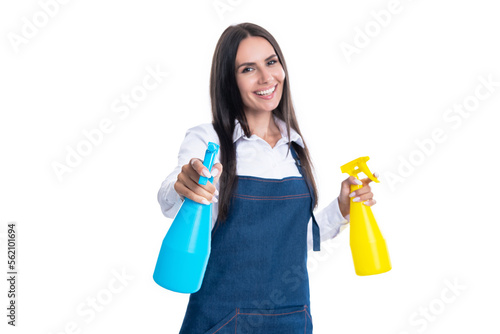 woman cleaner with pulverizer isolated on white, selective focus. woman cleaner
