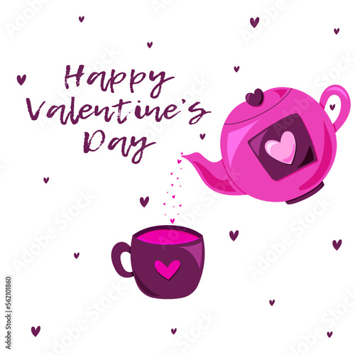 Happy Valentines Day card with teapot and cup with love. Greeting postcard