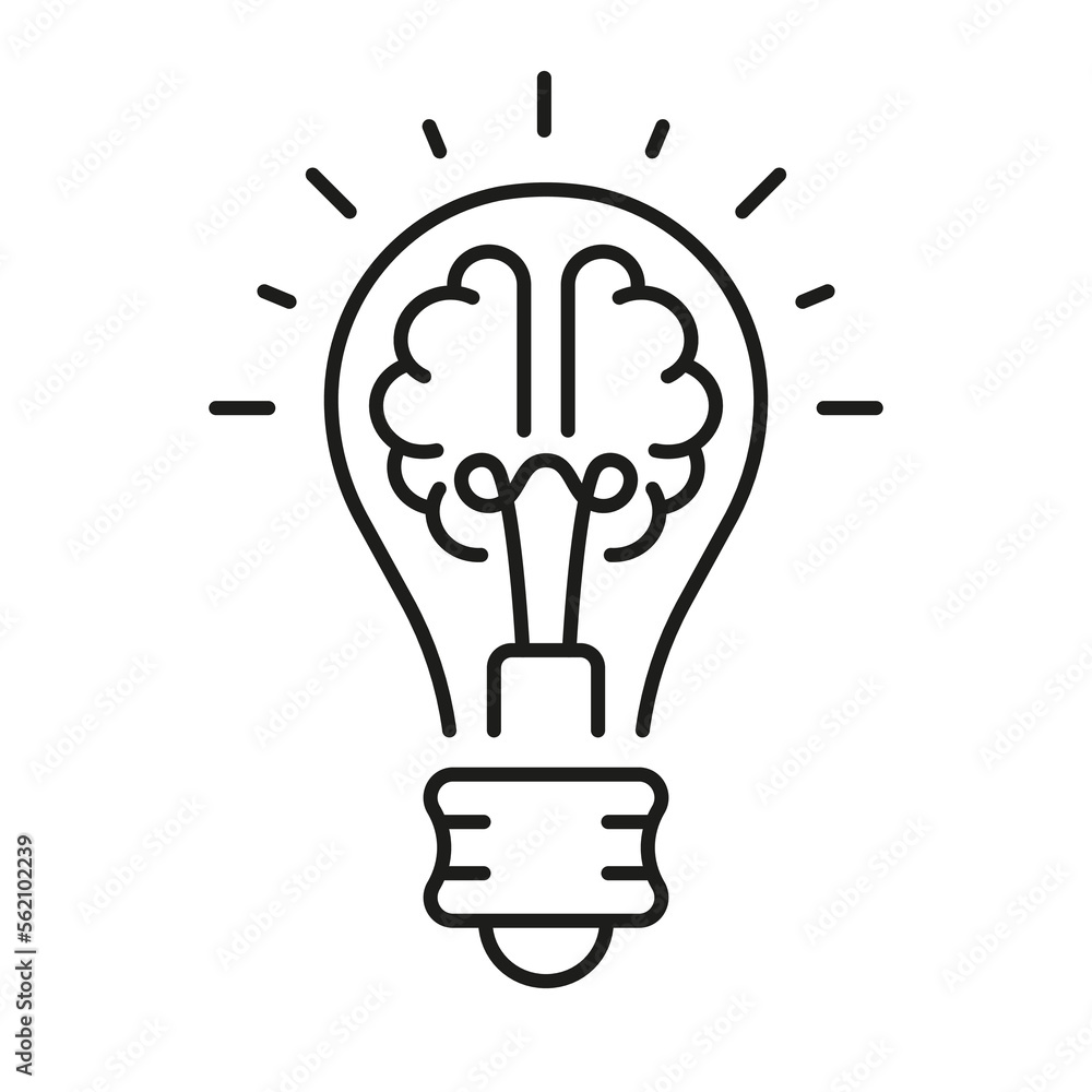 Light Bulb Inspiration, Knowledge, Smart Solution Linear Symbol. Innovation Outline Sign. Human Brain and Lightbulb Creative Idea Concept Line Icon. Editable Stroke. Isolated Vector Illustration Light Bulb Inspiration, Knowledge, Smart Solution Linear Symbol. Innovation Outline Sign. Human Brain and Lightbulb Creative Idea Concept Line Icon. Editable Stroke. Isolated Vector Illustration