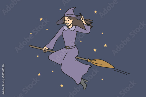 Smiling young witch in costume flying on broom in dark night sky. Happy female magician or wizard fly in starry sky. Vector illustration. 