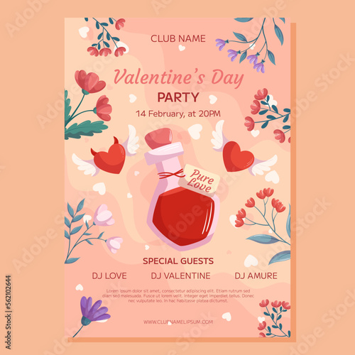 Valentine's Day Party poster template design. Love potion bottle two heart with wings demon and angel, flower frame on beige back. Event invitation for club.