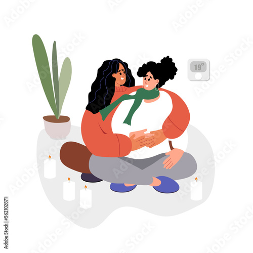 Reduce heating. Save Energy. Women Couple are Hugging each other in Lotos Pose and Candles around. Thermostat 19 degrees Temperate. Vector illustration.