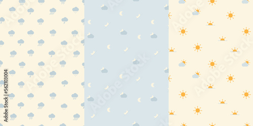 Set of seamless patterns with clouds and suns. Children's backgrounds