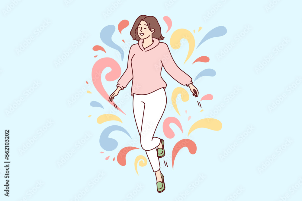 Woman walks in weightlessness and waves arms located among multi-colored drops flying in different directions. Carefree girl feels happy after dating or taking antidepressants. Flat vector design Woman walks in weightlessness and waves arms located among multi-colored drops flying in different directions. Carefree girl feels happy after dating or taking antidepressants. Flat vector design