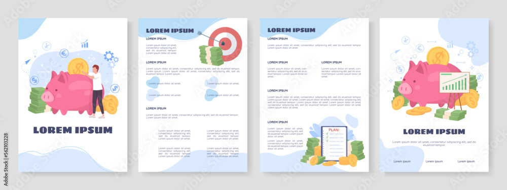 Savings plan flat vector brochure template. Booklet, leaflet printable flat color designs. Editable magazine page, reports kit with text space. Sigmar One, Comfortaa, Balsamiq Sans fonts used