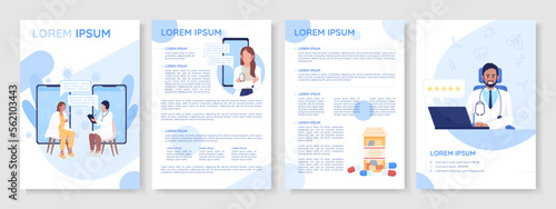 Telemedicine flat vector brochure template. Online communication with doctor booklet, leaflet printable flat color designs. Editable magazine page, reports kit with text space. Quicksand font used