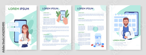 Telecommunication technologies in medicine flat vector brochure template. Booklet, leaflet printable flat color designs. Editable magazine page, reports kit with text space. Quicksand font used