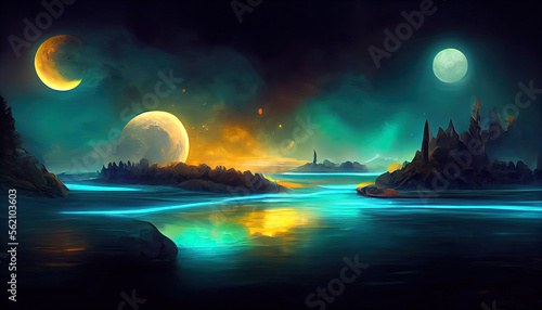 Futuristic fantasy night landscape with abstract landscape and island