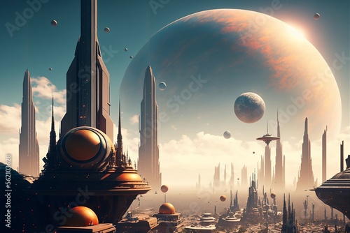 futuristic metaverse city with a skyline full of other planets and cities