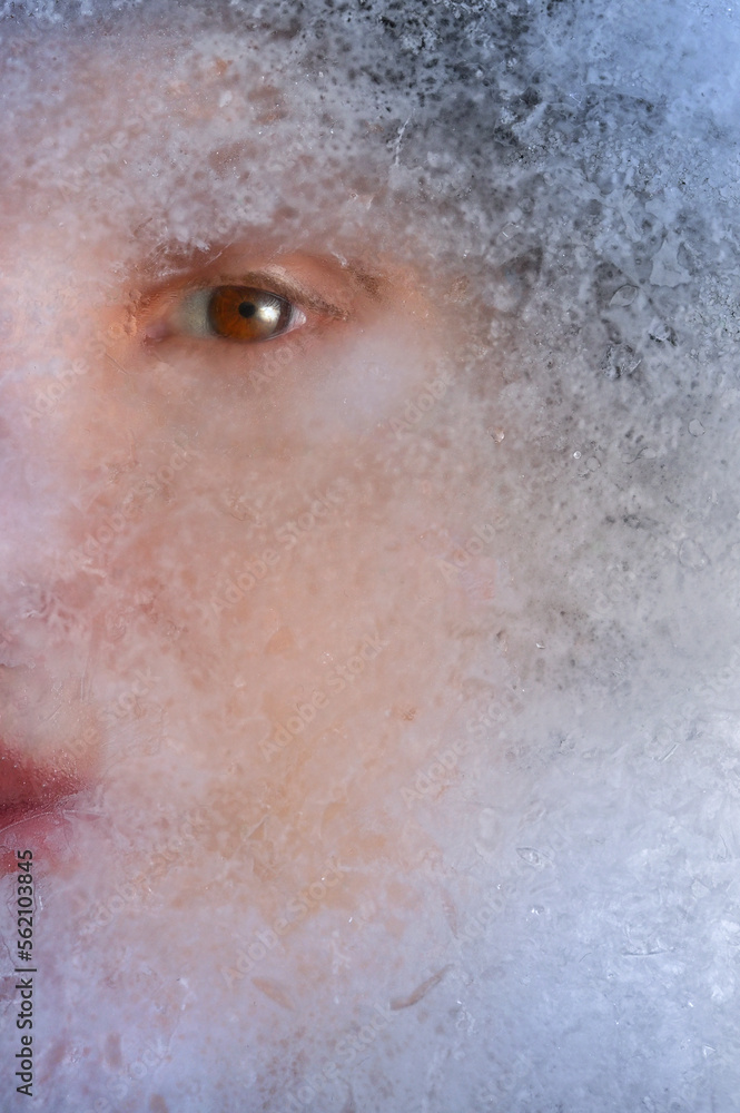 Closeup Portrait Young Girl Frozen In Ice