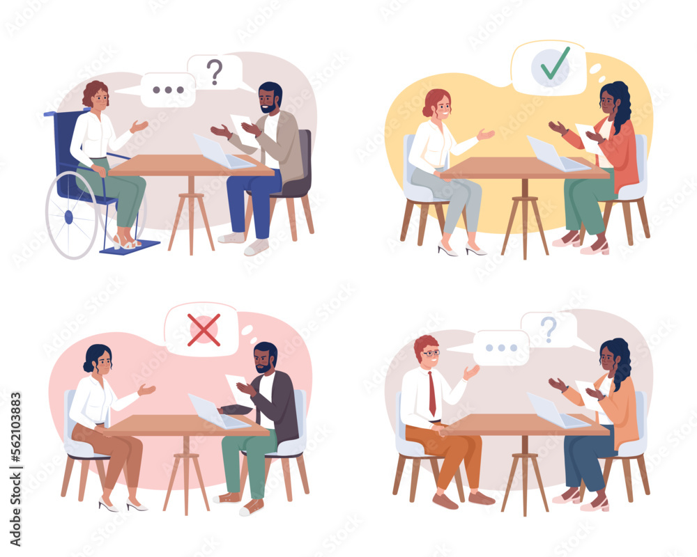 Job interview 2D vector isolated illustration set. Candidates and hr managers flat characters on cartoon background. Recruitment colorful editable scenes pack for mobile, website, presentation Job interview 2D vector isolated illustration set. Candidates and hr managers flat characters on cartoon background. Recruitment colorful editable scenes pack for mobile, website, presentation