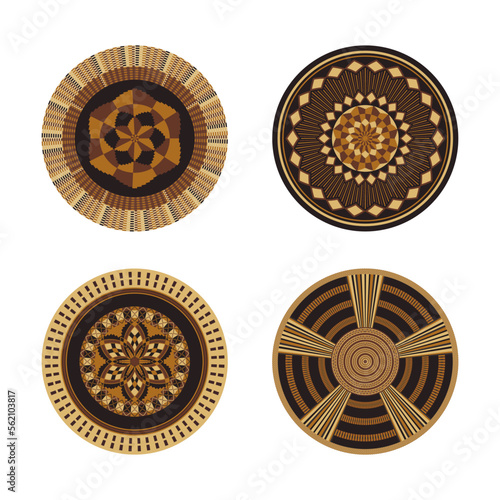 Set of African decorative elements. Round ornament pattern. Collection of mandalas in tribal style. Design baskets from Botswana.