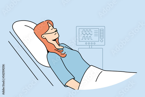 Sick woman with oxygen lying in hospital bed. Unhealthy female patient rest in clinic, monitored with electronic devices. Healthcare and medicine. Vector illustration. 