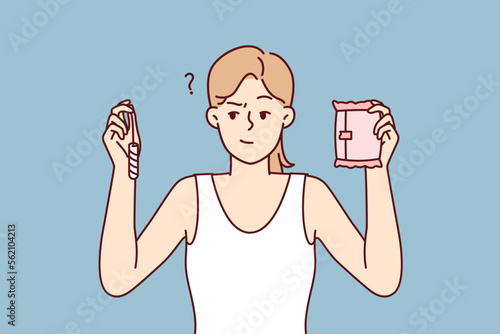 Thoughtful woman holding tampon and pad in hands choosing what to use during menstruation. Girl is thinking about choosing best manufacturer of female hygiene products. Flat vector illustration