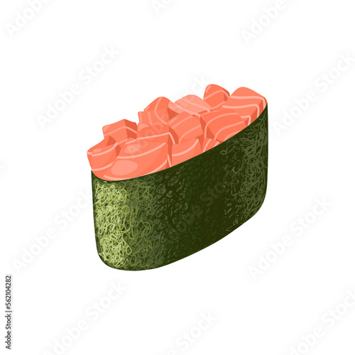 Japanese gunkan sushi with salmon meat. Red fish and rice wrapped in nori seaweed. Vector clipart.