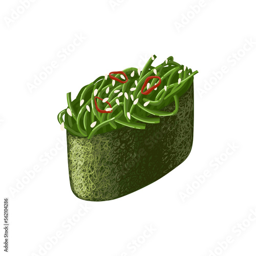 Japanese gunkan sushi with chukka, rice and sesame seeds wrapped in nori seaweed. Vector clipart.