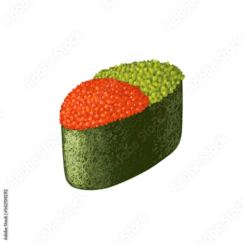 Japanese gunkan with red and green masago caviar and rice wrapped in nori seaweed. Vector clipart.