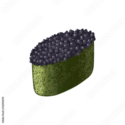 Japanese gunkan sushi with black caviar and rice wrapped in nori seaweed. Vector clipart. 