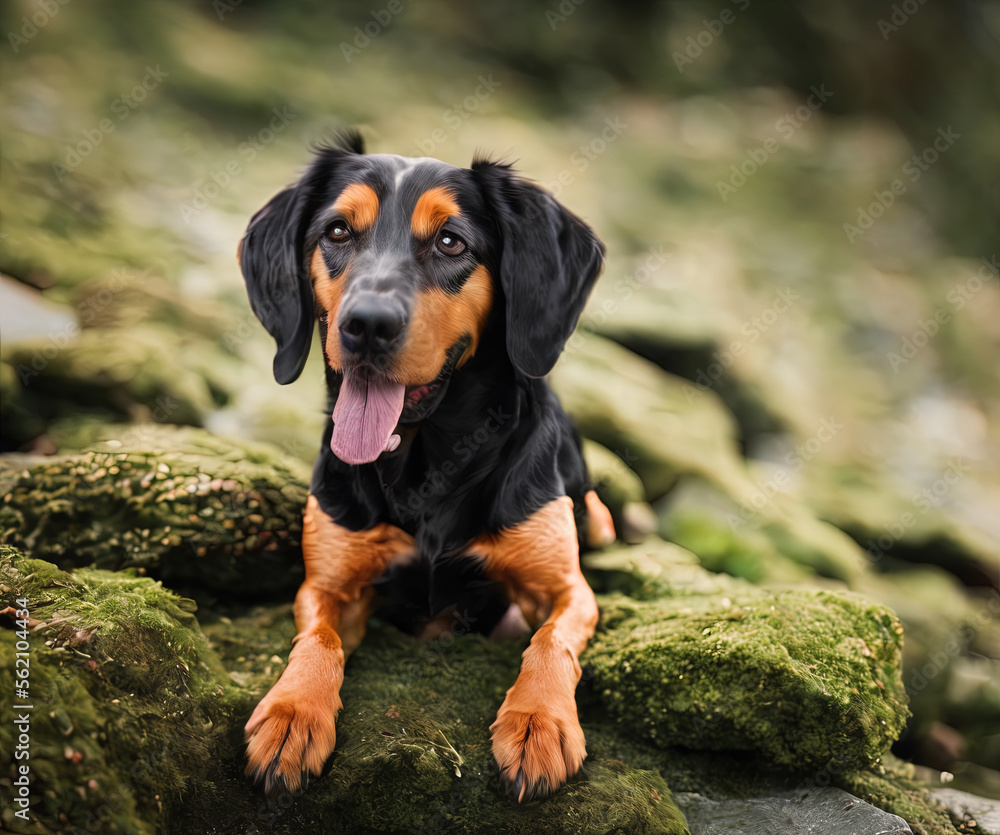 photograph of a cute dog on a mossy rock on top of a mountain in the alps - AI Generated