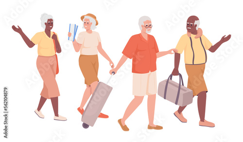 Senior travelers journeying together semi flat color vector characters. Editable figures. Full body people on white. Simple cartoon style illustration for web graphic design and animation