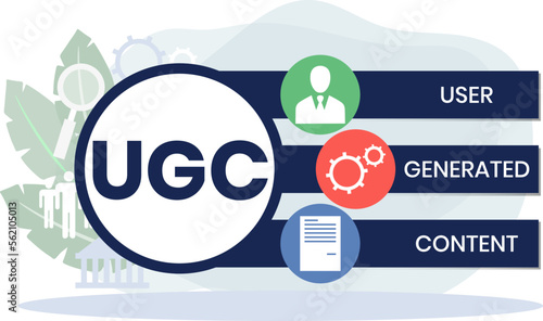 UGC. User-generated Content acronym. lettering illustration with icons for web banner, flyer, landing page, presentation, book cover, article, etc.