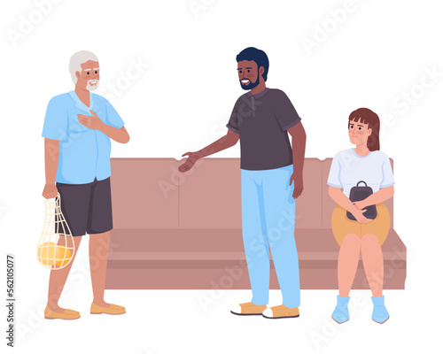 Man giving up seat to elderly citizen semi flat color vector characters. Editable figures. Full body people on white. Simple cartoon style illustration for web graphic design and animation