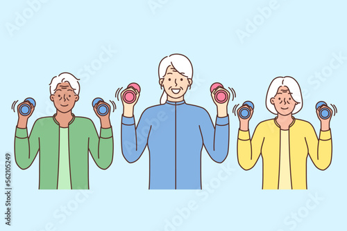 Smiling elderly people workout together 