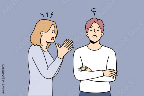 Angry young woman lecture annoyed man engaged in family misunderstanding. Mad wife scold bothered unhappy husband. Breakup and fight. Vector illustration. 