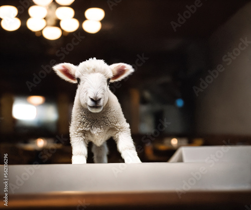 photo of a cute fluffy The Lamb in a restaurant, Easter, Christian festivity- AI Generated