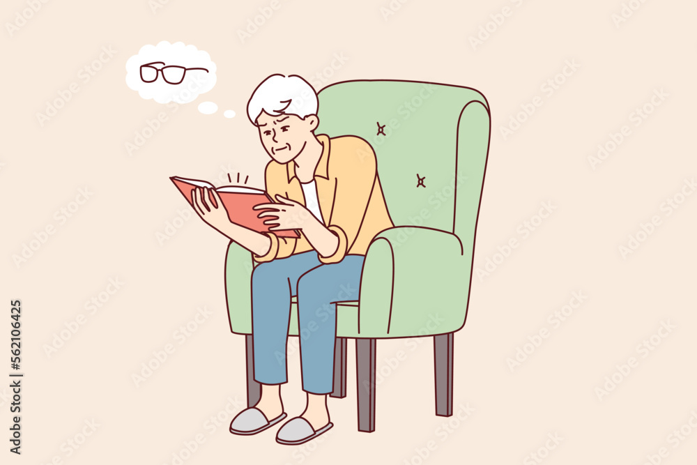 Elderly man reading book thinks about need to buy glasses to improve vision. Gray-haired human sits in chair realizing that he is starting to lose sight while studying literature. Flat vector design 