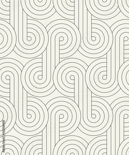 Seamless pattern. Geometric linear thin striped ornament. Stylish monochrome background. Vector repeating texture with winding linear tapes.
