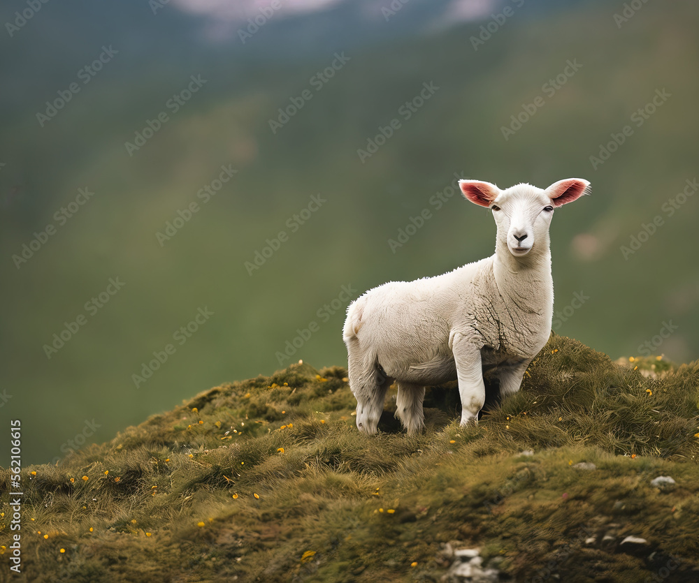 photo of a cute fluffy The Lamb in the mountains, Easter, Christian festivity- AI Generated