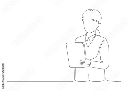 Woman architect builder holding blueprint paper in arm, single continuous line drawing. Professional worker in helmet. Plan of building construction on paper. Minimalism one art line draw. Vector