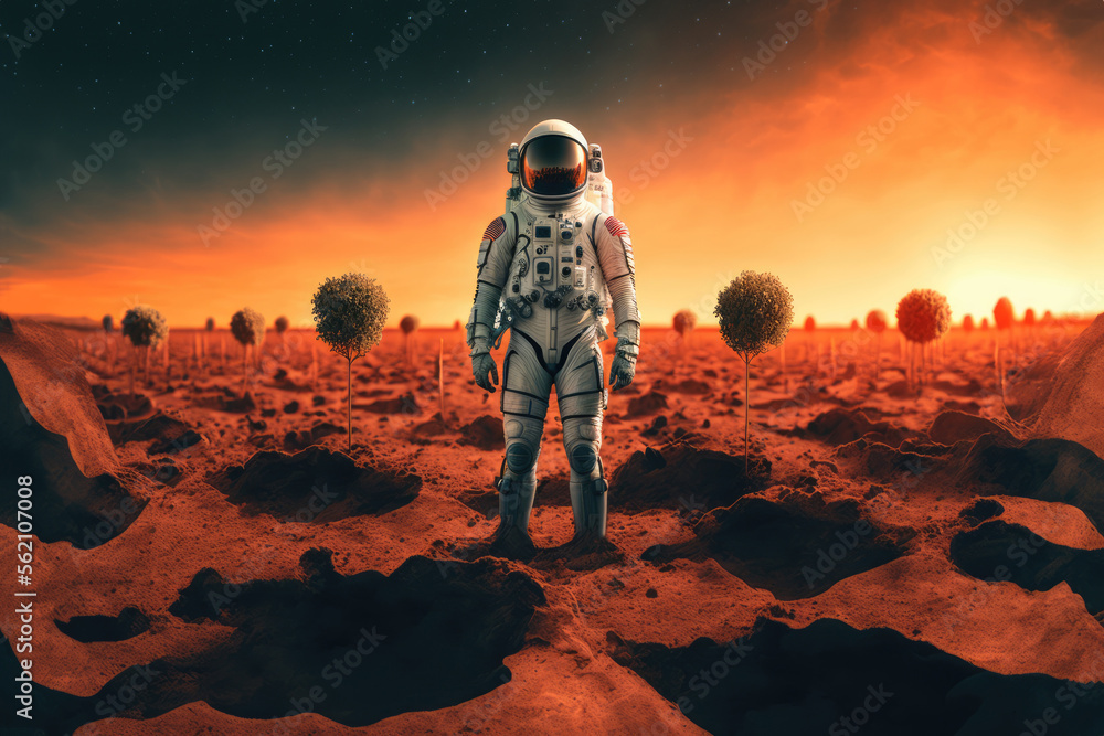 Fototapeta premium Astronaut standing in a field on planet Mars - Generative AI