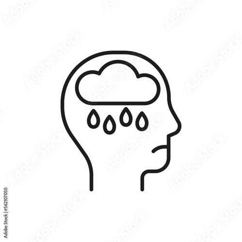 Head profile with cry, bad mental health and mood, line icon. Face with rain cloud. Sadness, despair mind, psychology. Vector