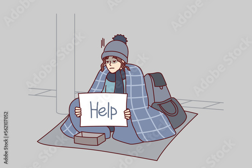 Homeless woman covered with blanket asks for alms sits on ground with inscription help on paper. Unhappy girl outdoor who lost property is in financial trouble and needs support. Flat vector design 