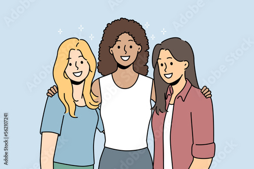 Smiling diverse girls standing together hugging showing friendship and support. Happy multiethnic interracial women posing embracing. Vector illustration. 