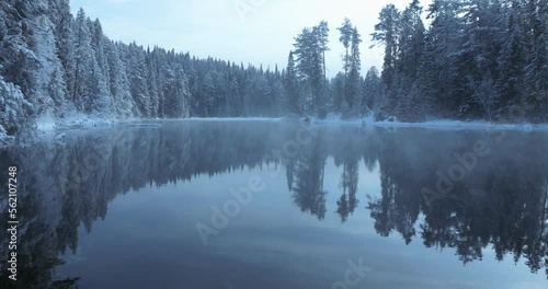 Moving through the cinematic fog over the river water in a frosty winter forest. Winter Christmas muted tones drone footage