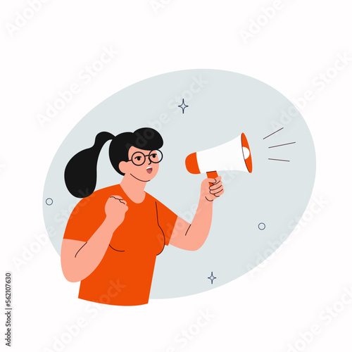 Woman screaming through megaphone. Vector flat cartoon illustration