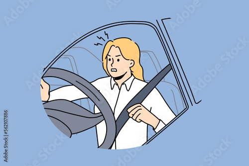 Furious young woman beep at road driving car. Mad girl feel angry and frustrated in traffic lose control. Vector illustration. 