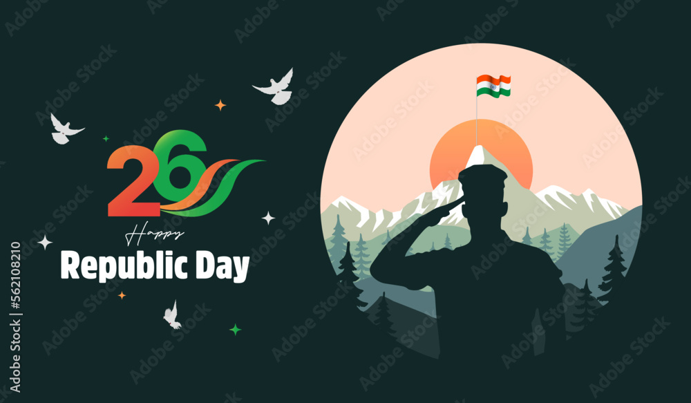 Naklejka premium Silhouette of Indian soldier saluting flag for Indian Republic Day banner editable template.